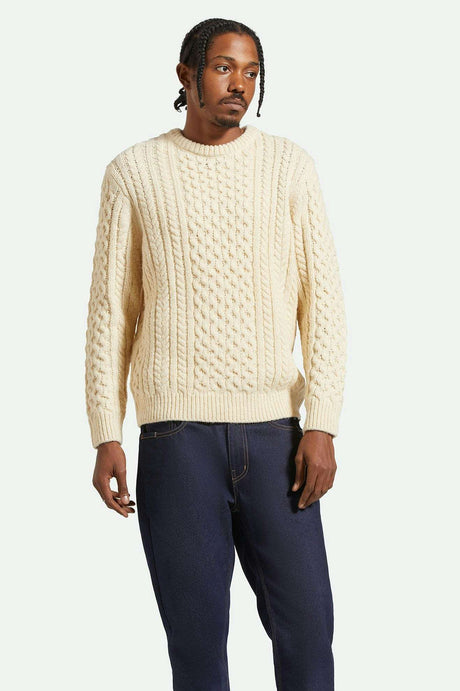 
       Brixton Unisex Classic Fisherman Cable Knit Sweater - Oatmeal | Front fit
     