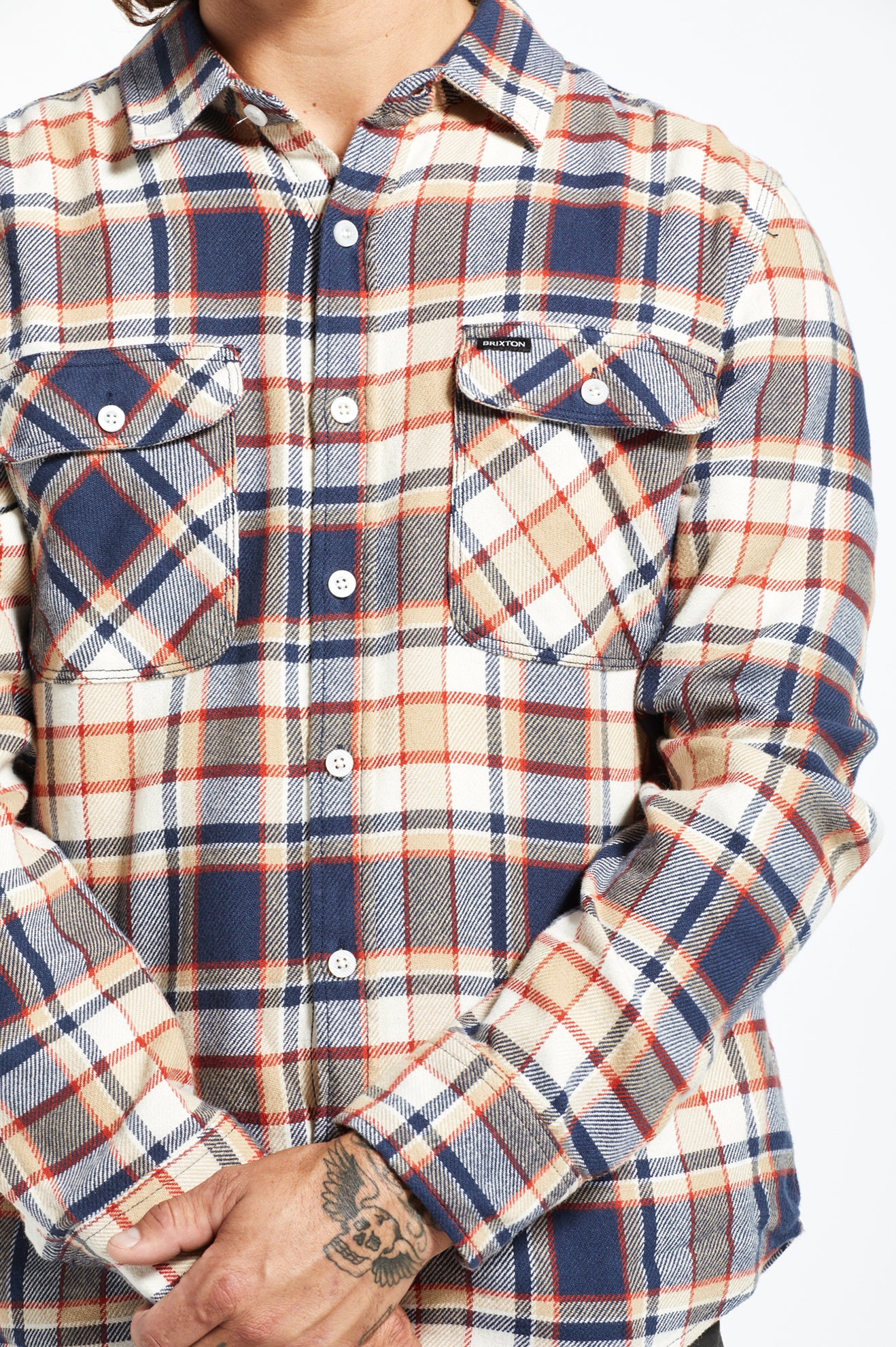 Bowery L/S Flannel - Washed Navy/Barn Red/Off White – Brixton