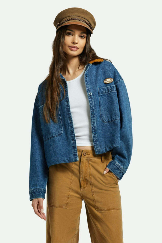 
       Brixton Women&#39;s Utopia L/S Overshirt - Washed Denim | Front fit
     