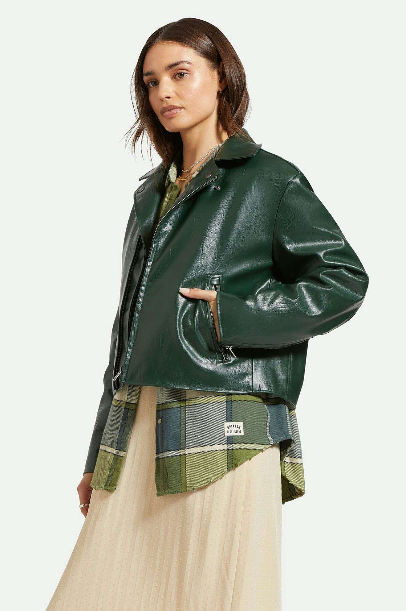 
       Women&#39;s Side Fit | The Moto Vegan Leather Jacket - Pine Needle
     