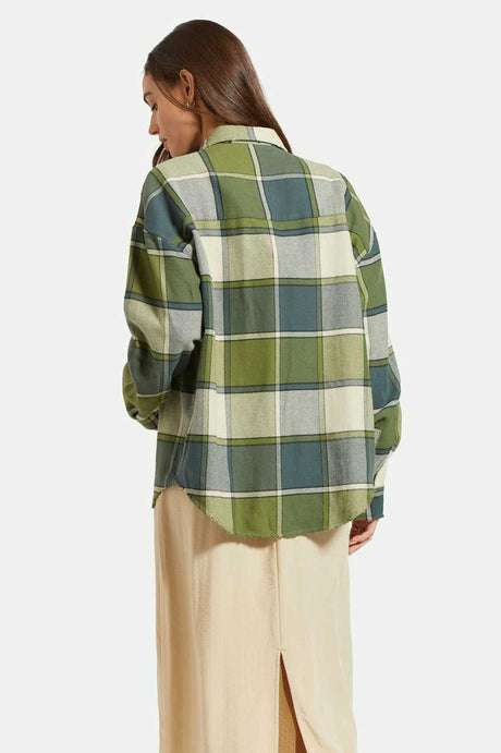 
       Back Fit Image | Bowery Women&#39;s Classic L/S Flannel - Blue Mirage/Dill Plaid
     