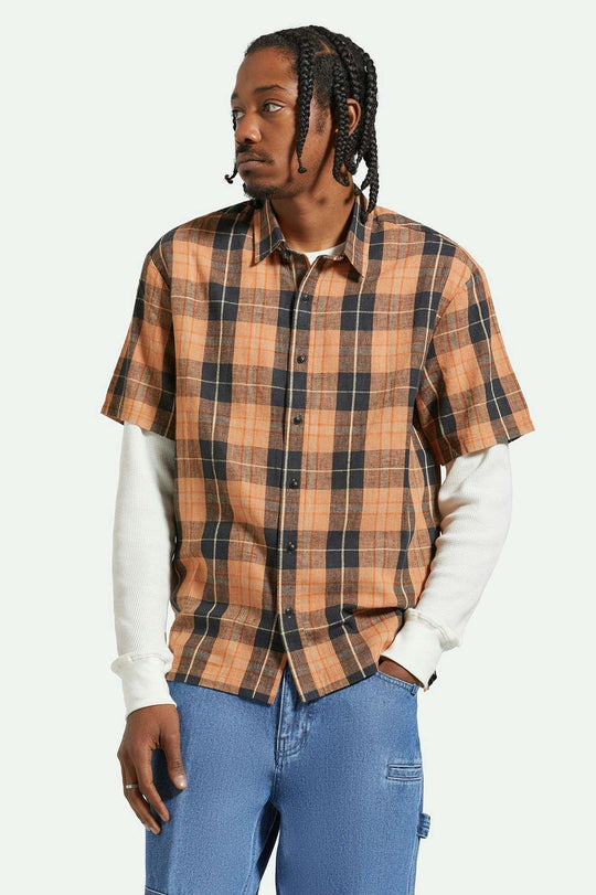 
       Men&#39;s Front Fit | Cru Linen Blend Relaxed S/S Woven Shirt - Black/Rust Orange
     