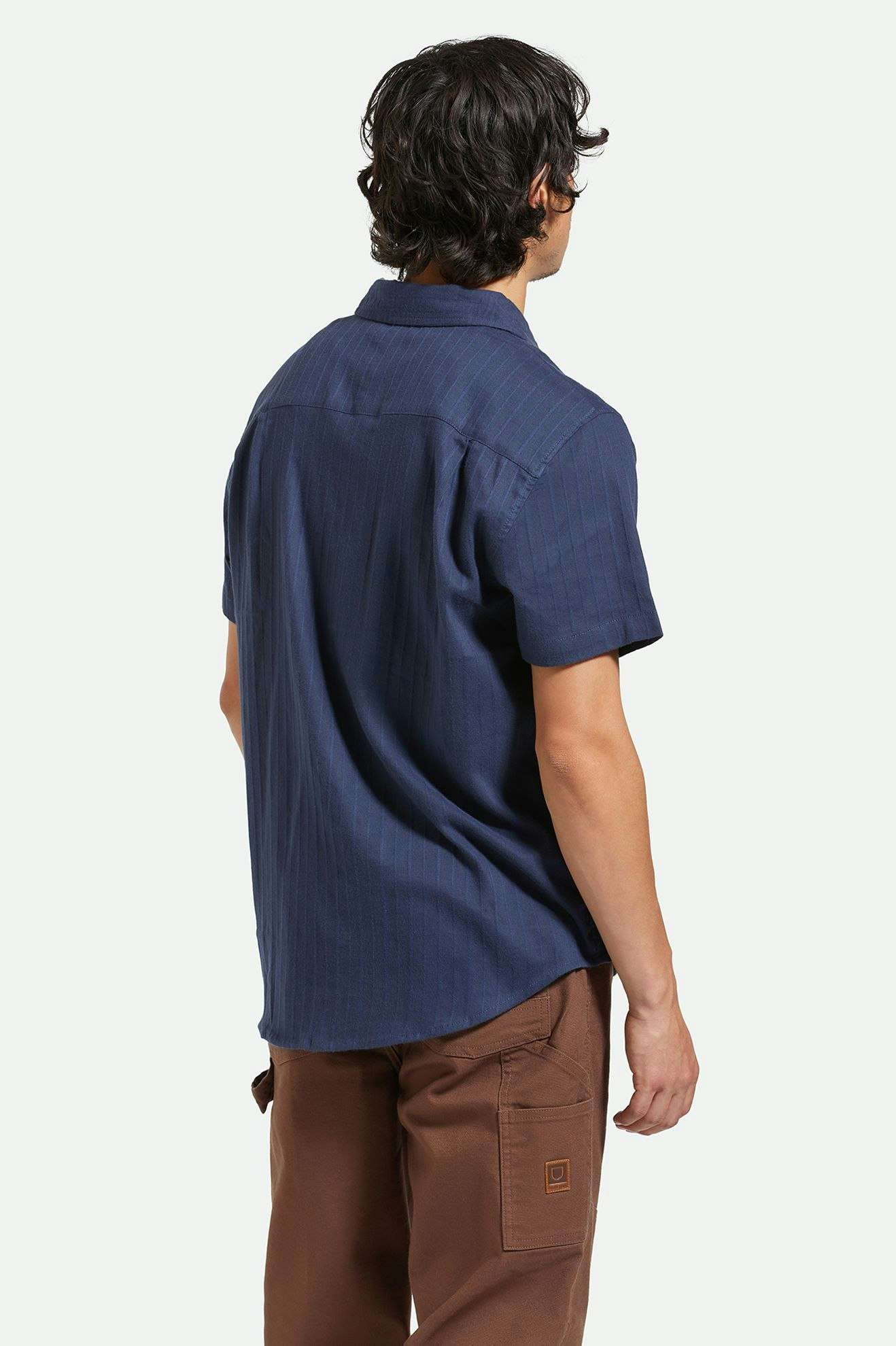 
       Back Fit Image | Charter Stripe S/S Woven Shirt - Washed Navy/Black
     