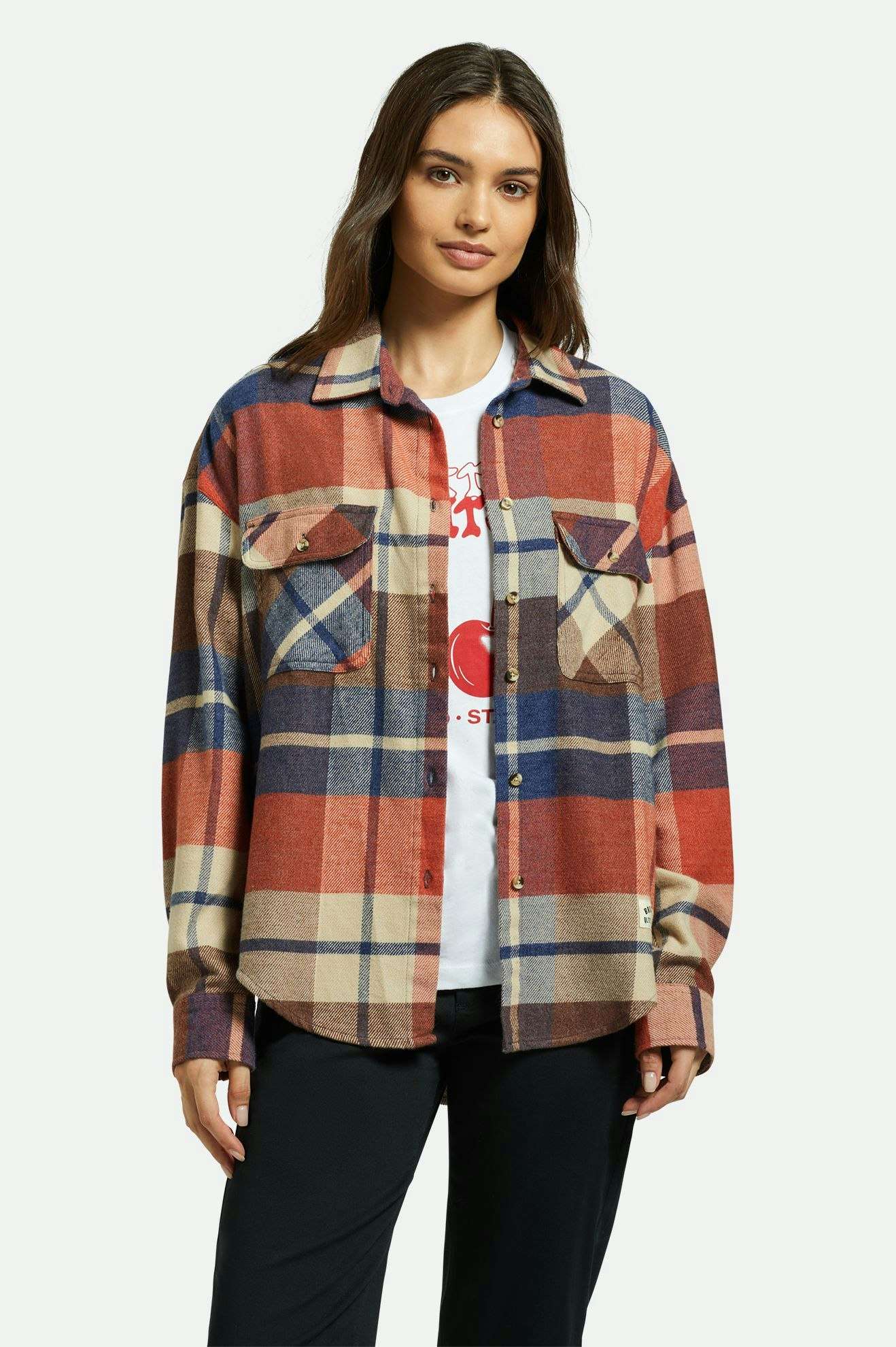 
       Brixton Women&#39;s Bowery Women&#39;s Classic L/S Flannel - Navy/Mars Red/Whitecap | Front fit
     