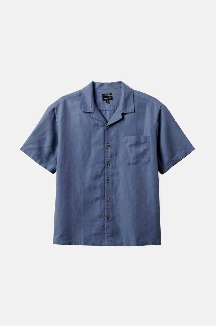 
       Brixton Bunker Linen S/S Camp Collar Woven Shirt - Flint Stone Blue
     