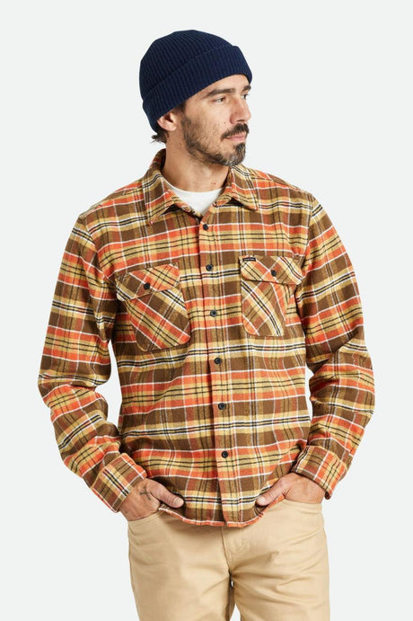 Men's Fit, front | Bowery Heavyweight L/S Flannel - Desert Palm/Antelope/Burnt Red