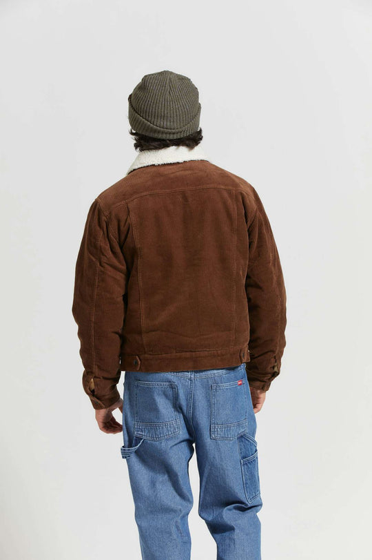 
       Men&#39;s Back Fit Image | Cable Sherpa Lined Trucker Jacket - Pinecone Brown
     