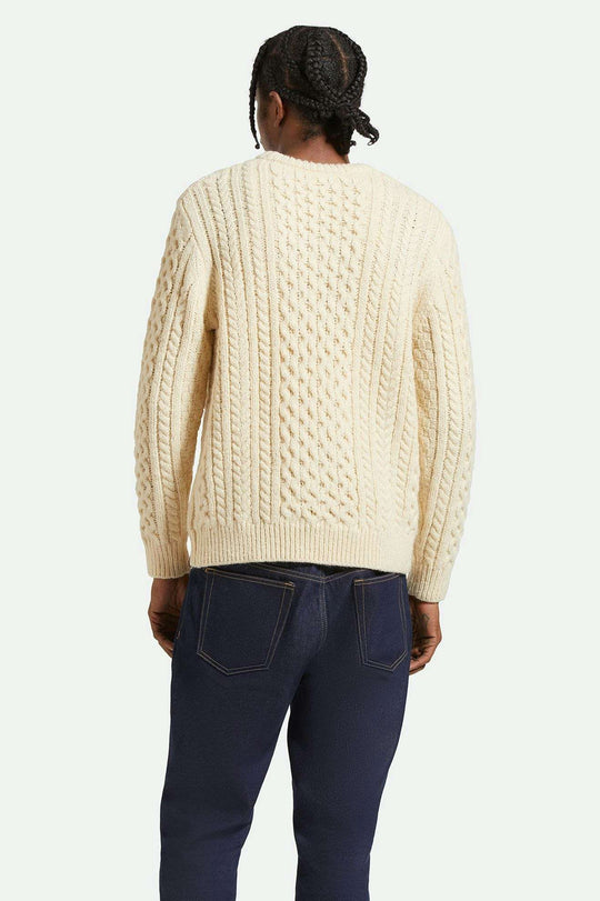 
       Men&#39;s Back Fit Image | Classic Fisherman Cable Knit Sweater - Oatmeal
     