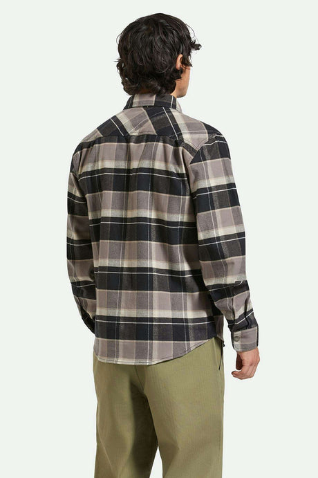 
       Men&#39;s Back Fit Image | Builders Bowery Stretch Water Resistant L/S Flannel - Black/Charcoal/Beige
     