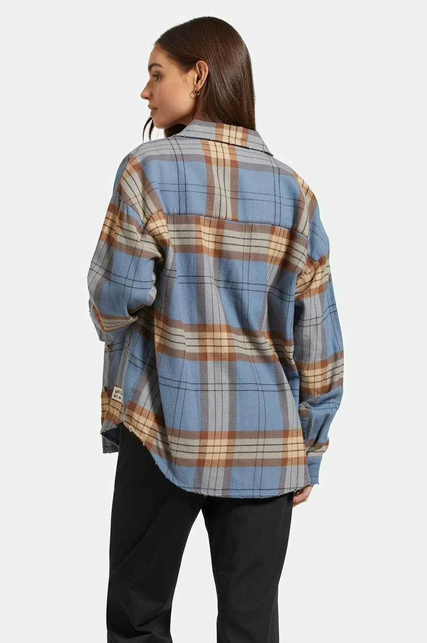 
       Back Fit Image | Bowery Women&#39;s Classic L/S Flannel - Flint Blue/Pinecone Brown Plaid
     