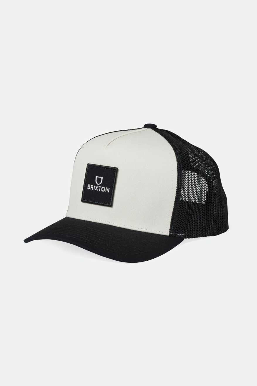 
       Brixton Men&#39;s Alpha Block Netplus Trucker Hat - Black/Off White/Black | Main
     