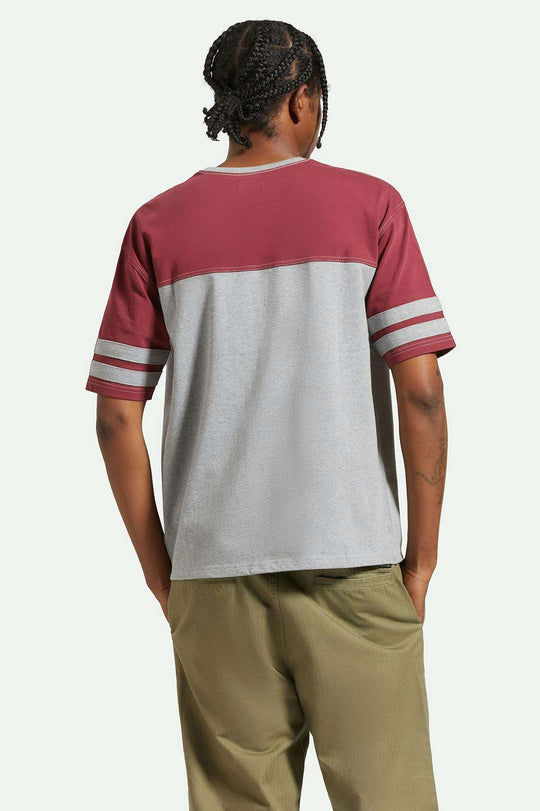 
       Men&#39;s Back Fit Image | Varsity Heavyweight Football T-Shirt - Heather Grey/Cordovan Red
     