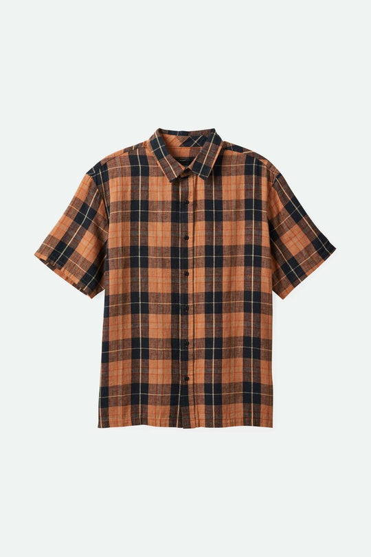 
       Brixton Men&#39;s Cru Linen Blend Relaxed S/S Woven Shirt - Black/Rust Orange | Main
     