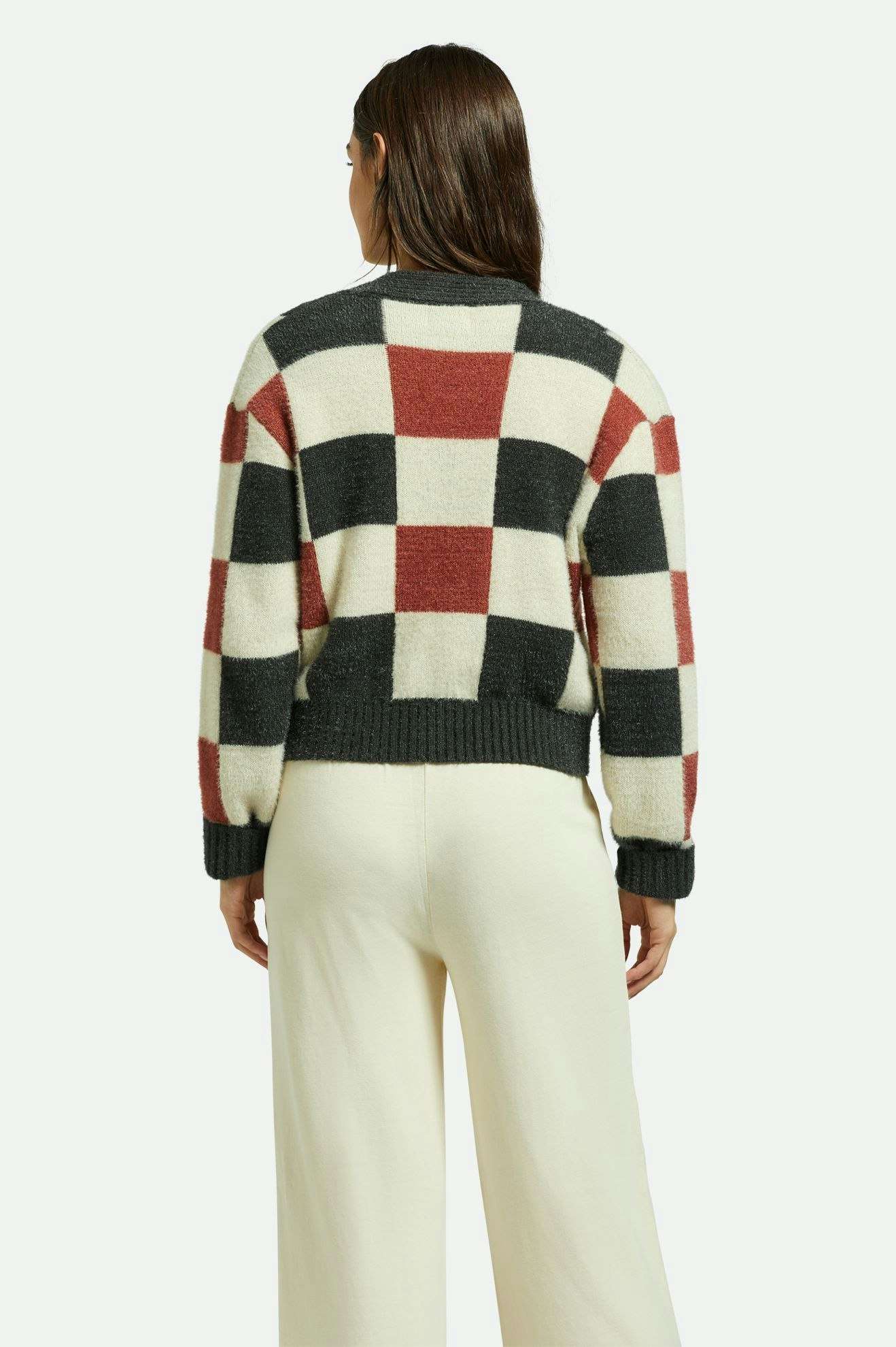 
       Women&#39;s Back Fit Image | Rivington Crew Cardigan - Cowhide/Whitecap/Black Check
     