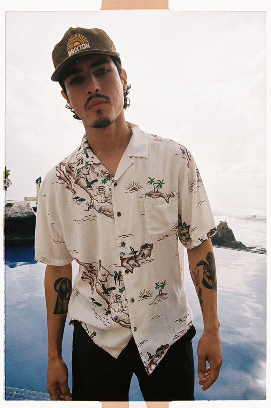 
       Brixton Bunker Slub S/S Camp Collar Woven Shirt - Off White/Map
     