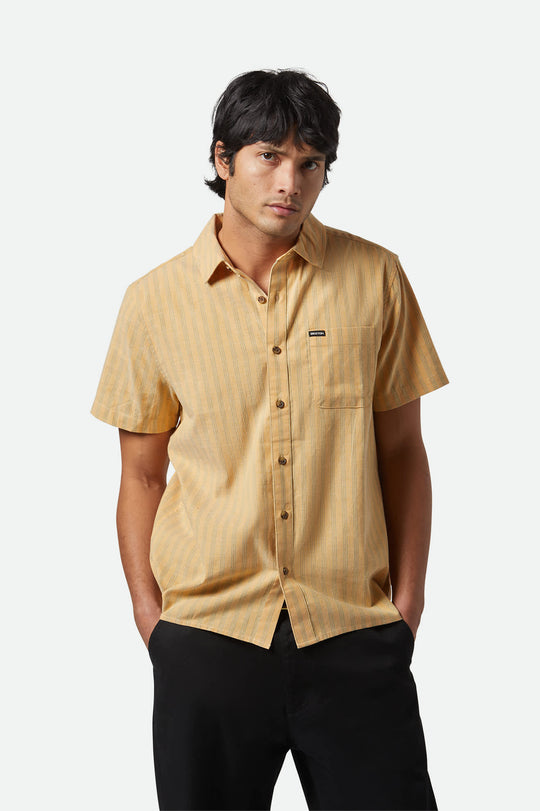 
       Men&#39;s CRU Oxford Stripe S/S Shirt in the color Curry/Ivy Green Stripe - Men&#39;s Front View
     