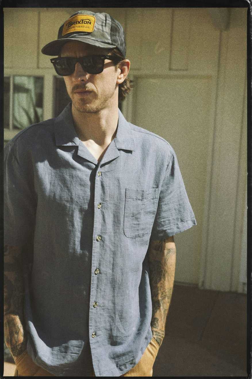 
       Brixton Bunker Linen S/S Camp Collar Woven Shirt - Flint Stone Blue
     