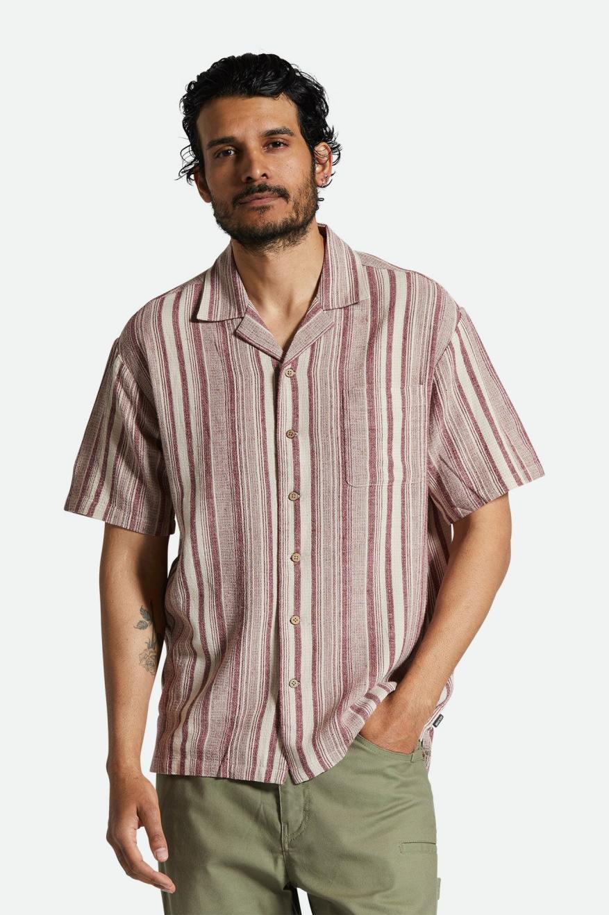 
       Brixton Bunker Seersucker S/S Camp Collar Woven Shirt - Cranberry Juice/Off White
     