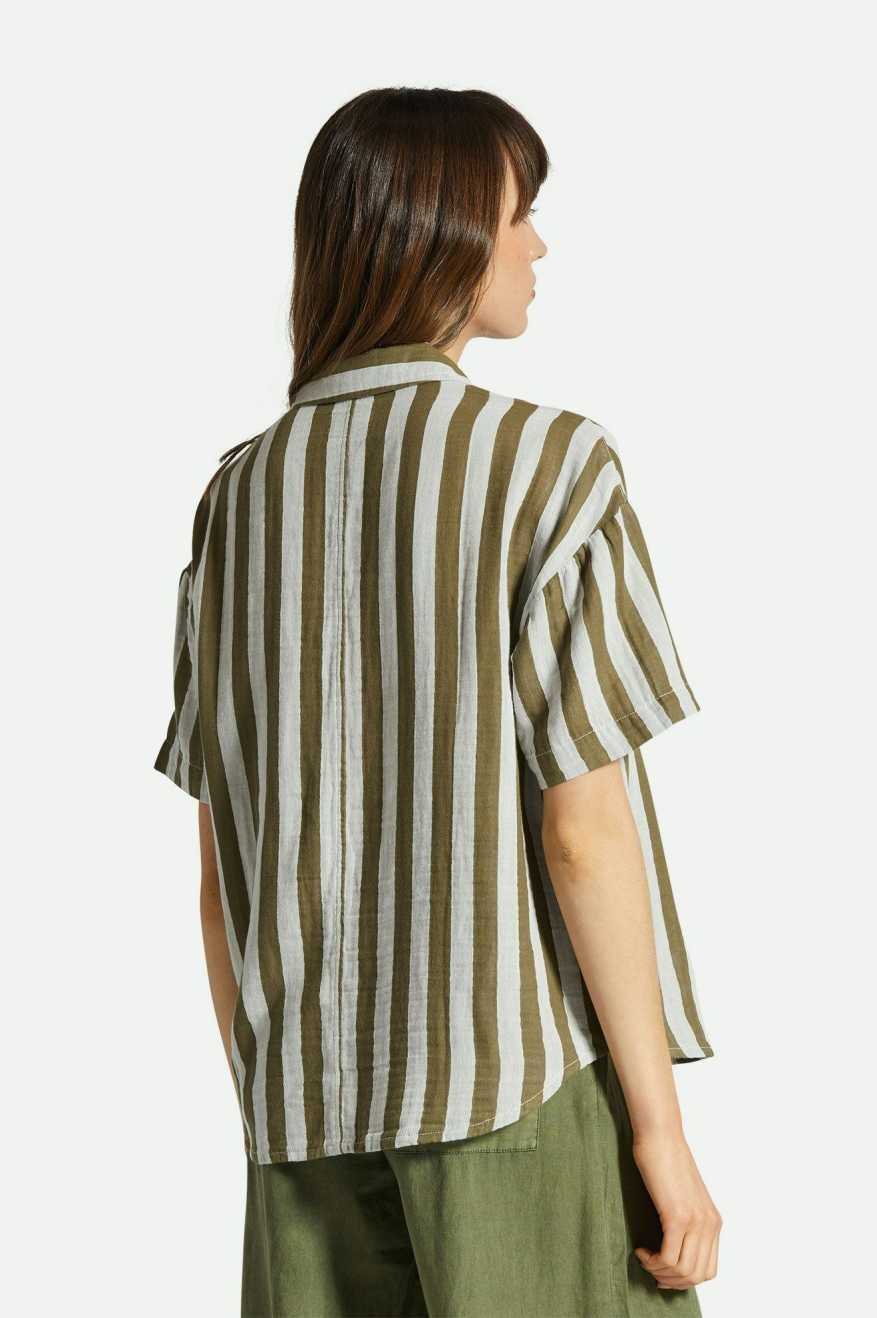 
       Brixton Mykonos Stripe Boyfriend S/S Woven Shirt - Military Olive
     